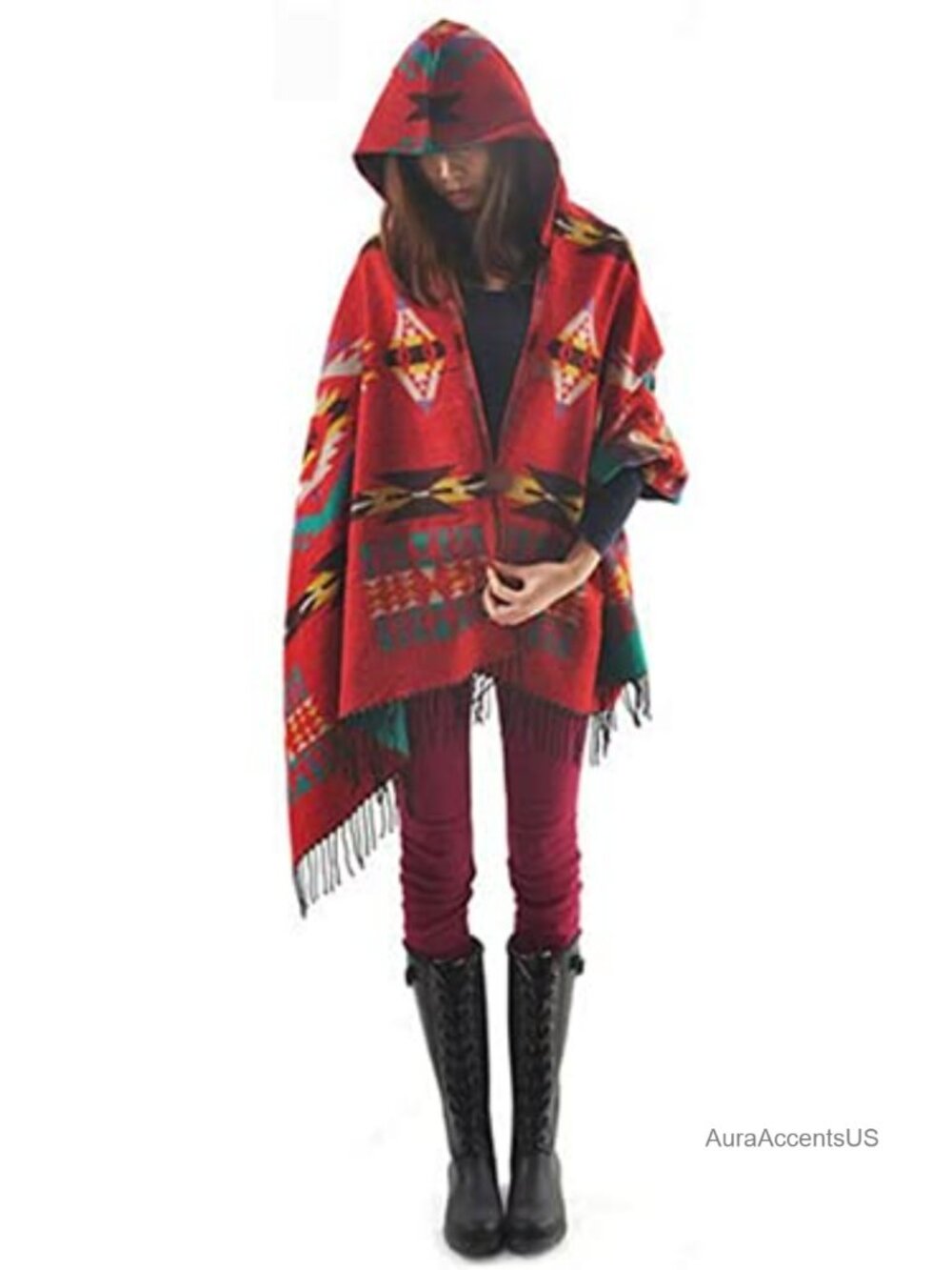 Hooded Poncho Shawl Cape Cloak Scarf with Tassels Acrylic Bohemian Wrap